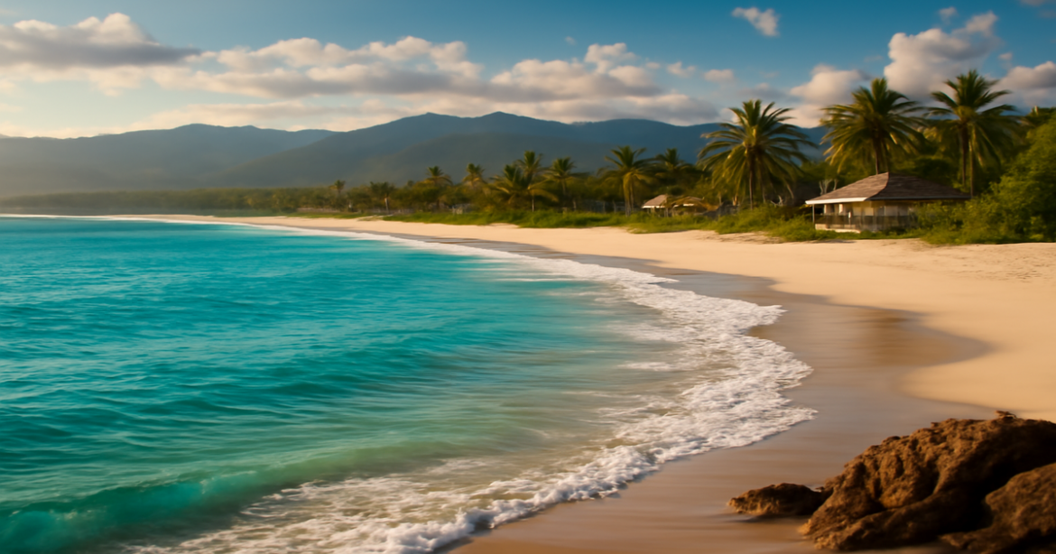 Best beach destinations in Mexico for 2026—turquoise Caribbean coast, white sand, tropical resorts, and mountains at golden hour.