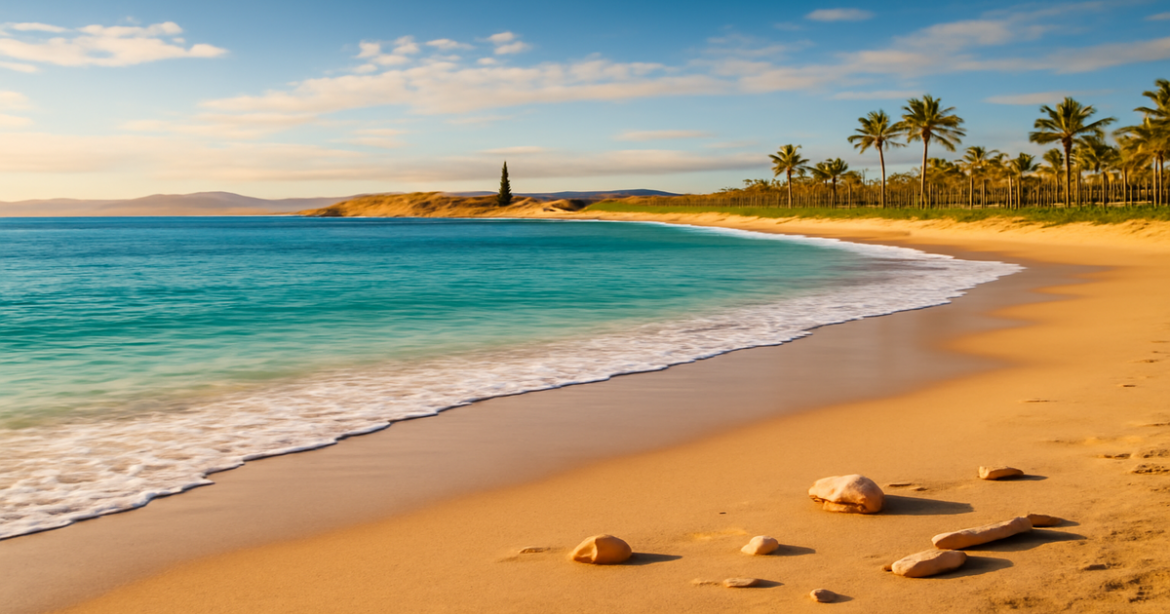 Best beach destinations in the US for summer 2026—sunlit coastlines, clear turquoise water, dunes and resorts.