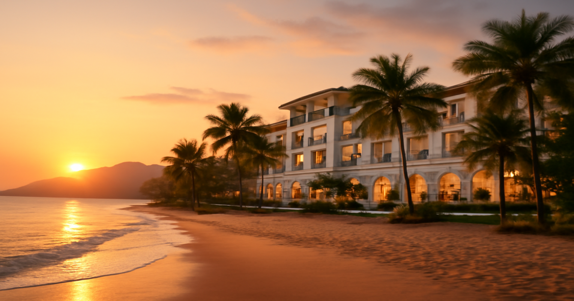 Beautiful beach hotel at sunset, highlighting the importance of выбор отеля for a perfect vacation.