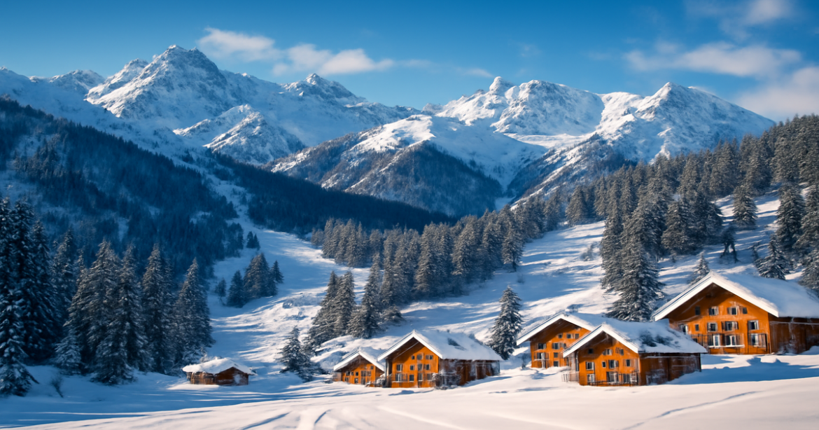 Stunning view of зимние курорты России with snowy mountains and ski slopes, perfect for winter travel.