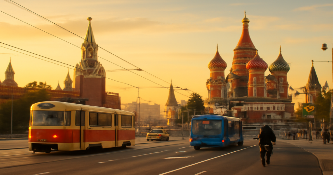 Explore convenient transport in Moscow with trams, buses, and bicycles against iconic landmarks.