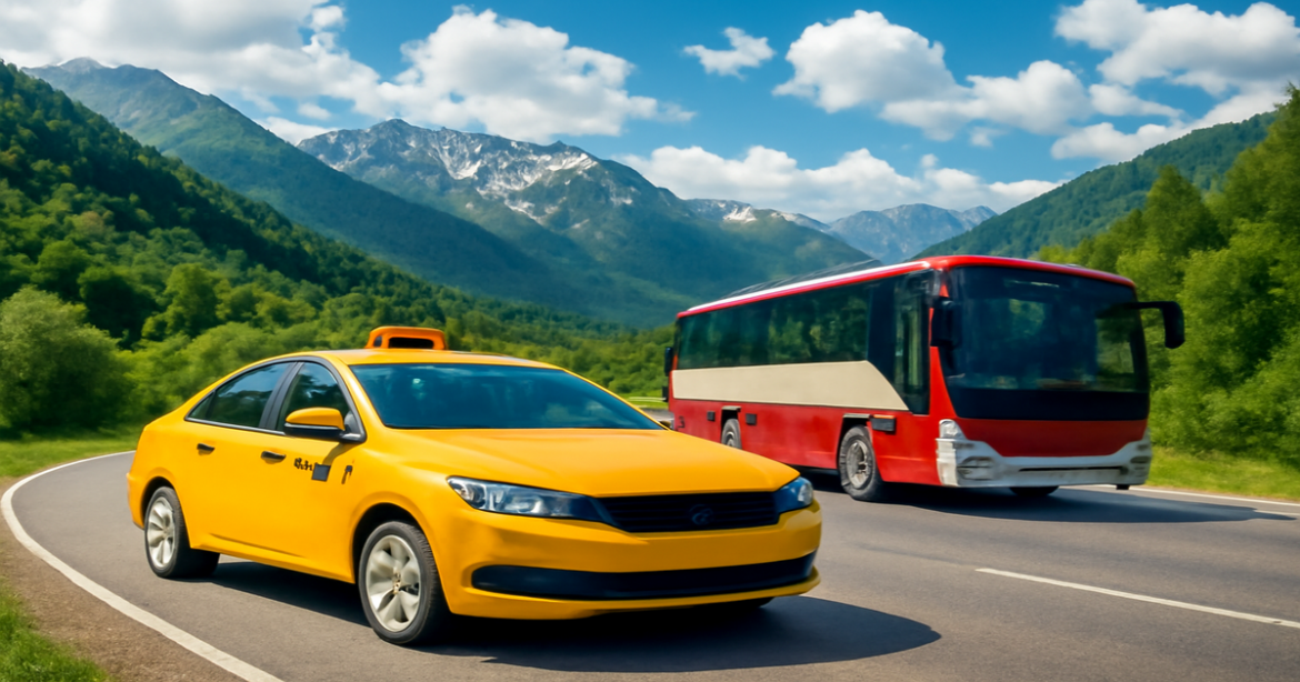 Explore transport in Russia with taxis and buses amidst beautiful landscapes.