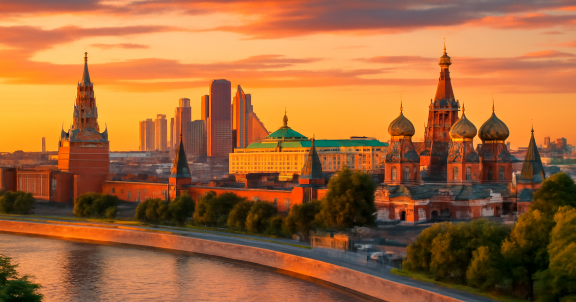 Breathtaking view of достопримечательности Москвы at sunset, highlighting the city's rich architecture and landscape.