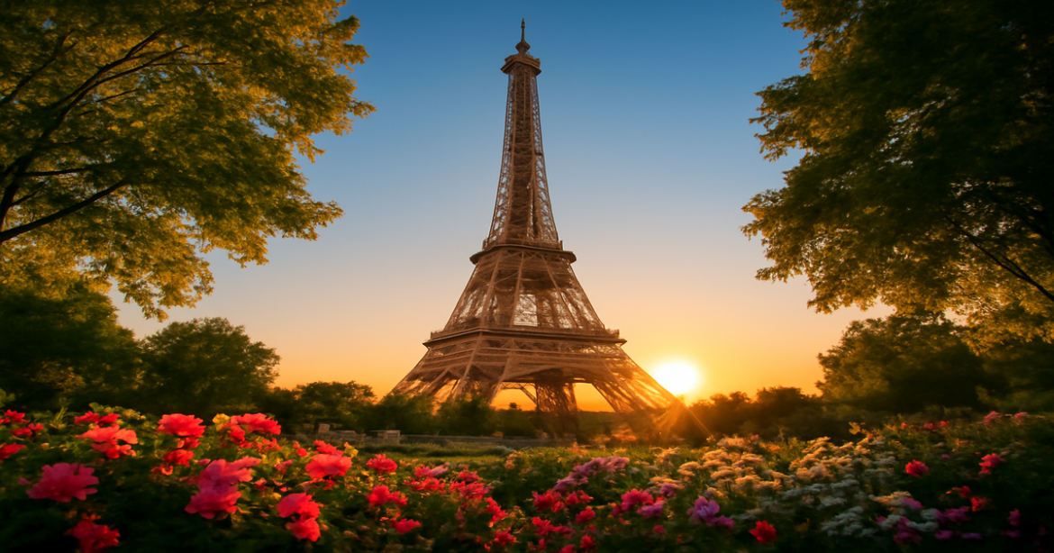 Explore the beauty of достопримечательности Парижа with a stunning view of the Eiffel Tower at sunset.