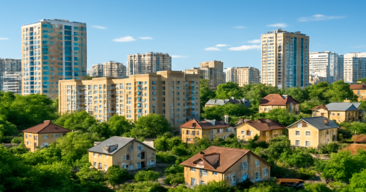 Explore budgetное жилье в Москве with a stunning urban landscape showcasing affordable housing options.
