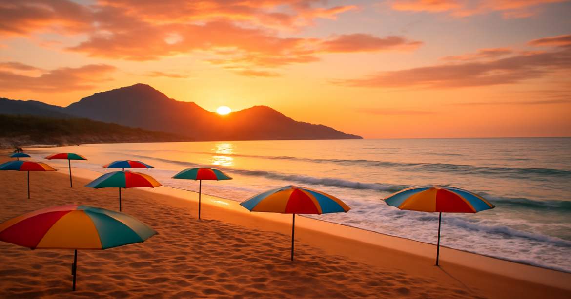 Explore budget travel options with this beautiful beach sunset scene highlighting экономия на путешествиях.