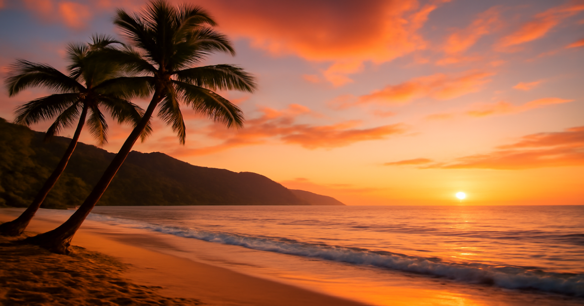 Beautiful beach sunset highlighting budgetные путешествия, perfect for inspiring travel adventures.
