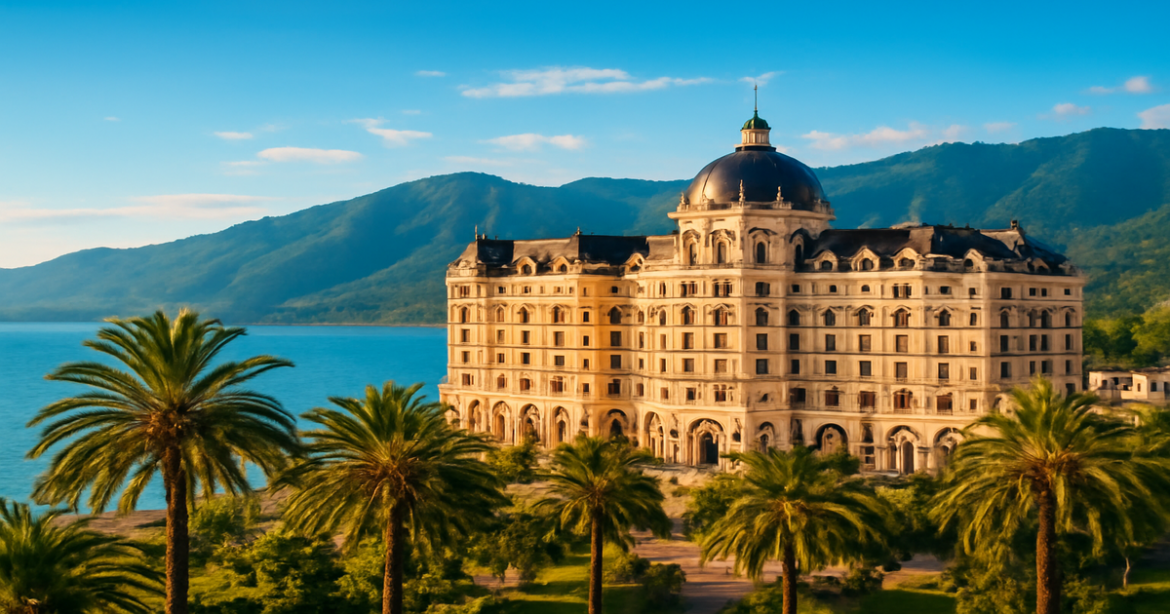 Luxurious отели в Батуми with stunning views of mountains and the Black Sea.