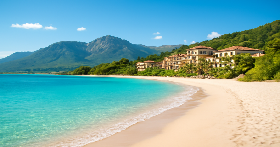Explore летний отдых at a breathtaking beach destination with mountains and luxury hotels.