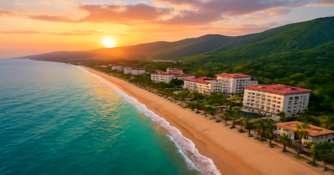 Aerial view of курорты на Черном море with beaches, mountains, and sunset, perfect for vacation inspiration.