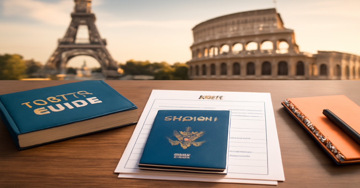 Documents for a visa to Europe arranged on a desk with European landmarks in the background.