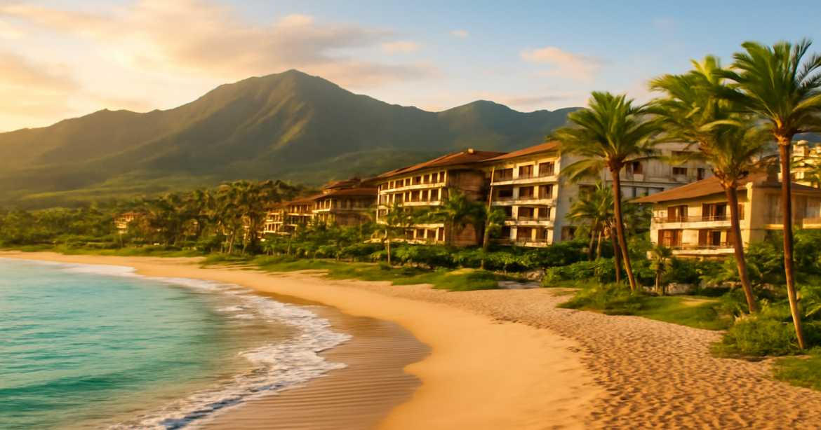 Stunning курорт view featuring a beach, mountains, and luxurious hotels, ideal for travelers seeking inspiration.