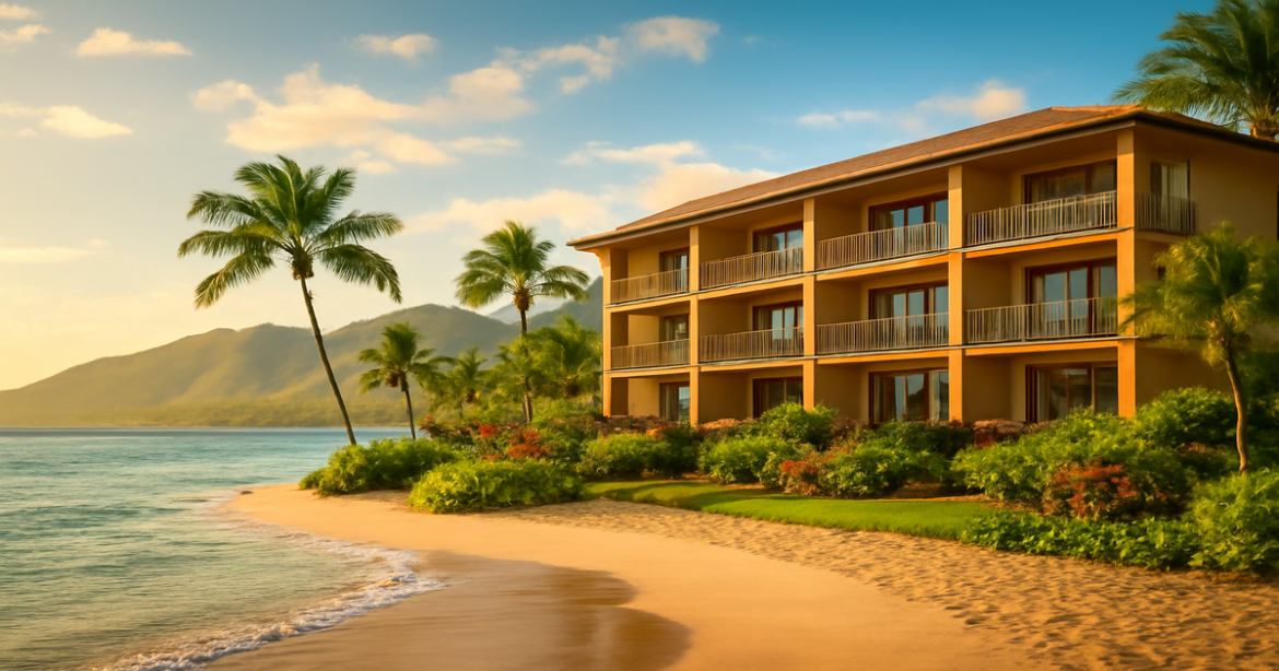 Choosing the right hotel for family vacations: a picturesque beachside hotel with mountains.