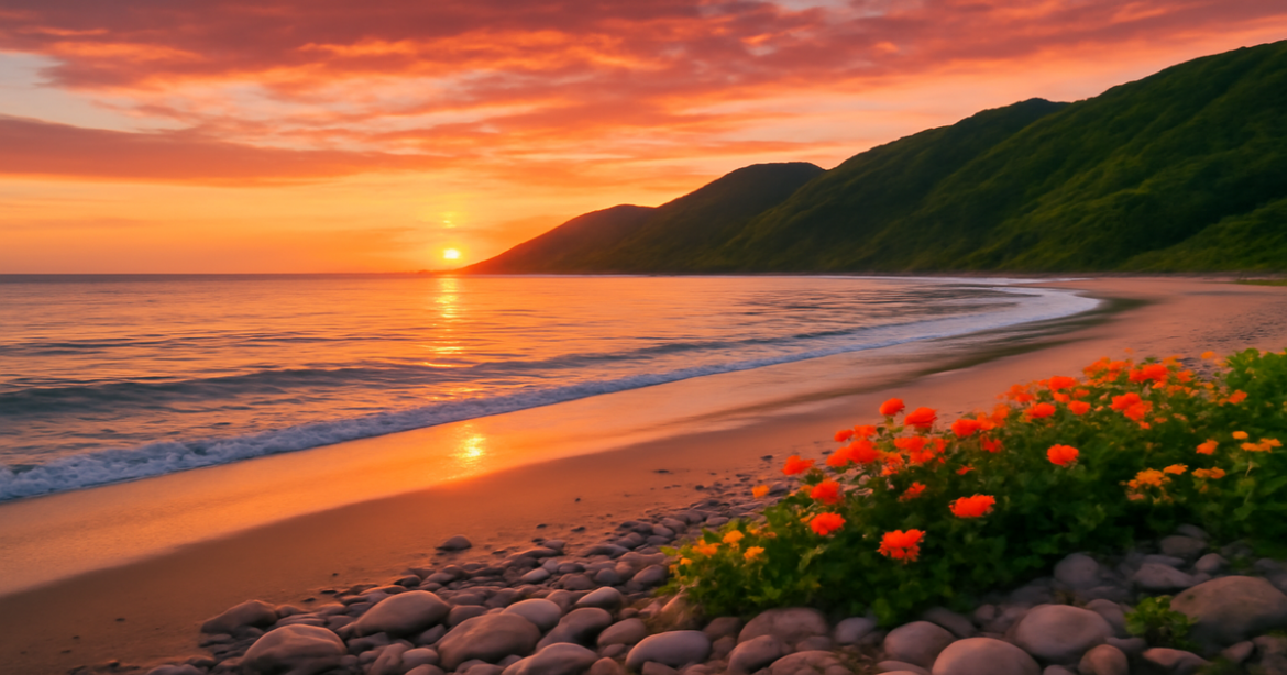 Stunning beach sunset scene ideal for летний отпуск в России, showcasing nature's beauty and adventure.