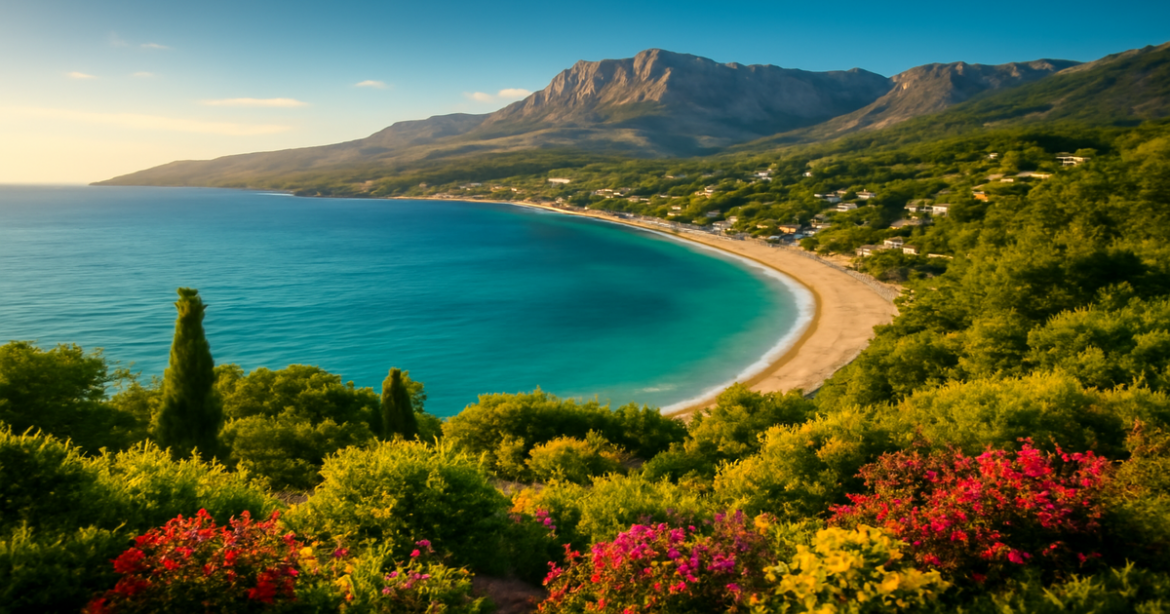 Explore курорты Крыма with stunning beaches and mountains in this inspiring travel image.