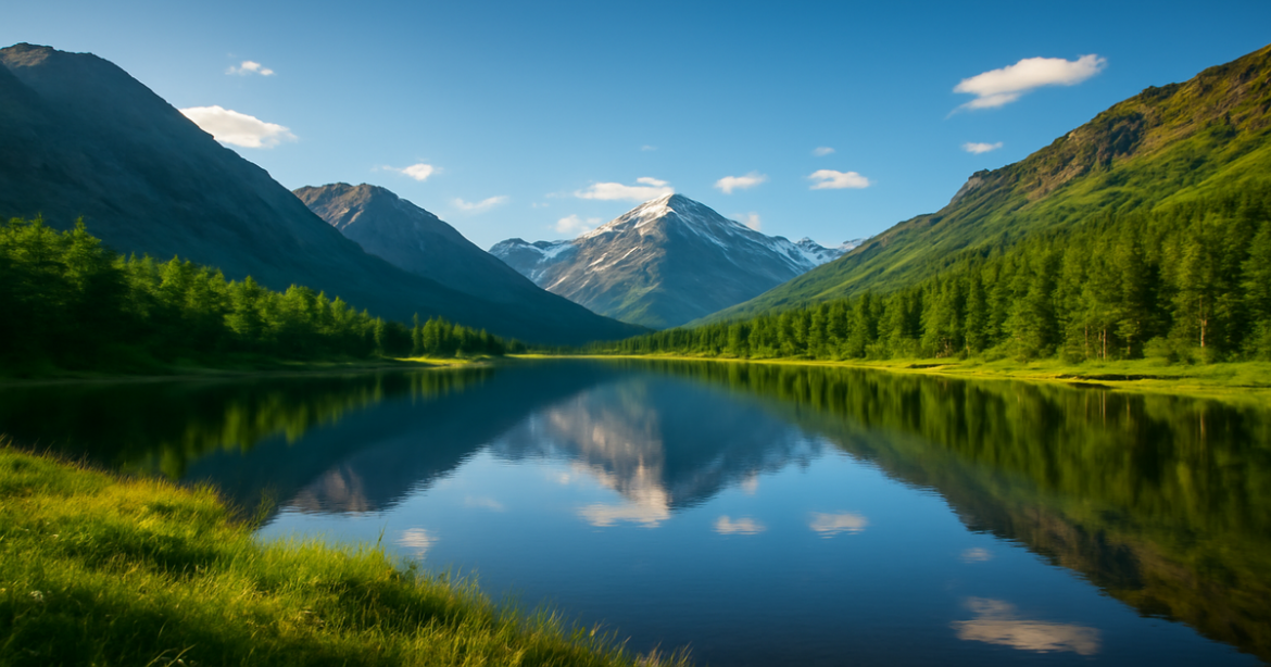 Stunning Russian landscape for одиночные поездки в России, featuring mountains and a tranquil lake.
