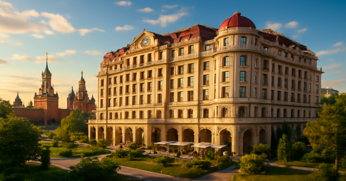 Luxurious отели в Москве with stunning architecture and iconic landmarks in the background.