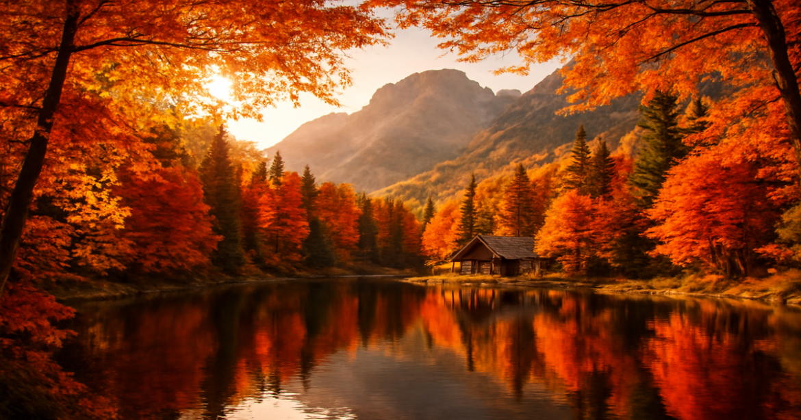 Explore inspiring осенние путешествия in a vibrant autumn landscape with mountains and a serene lake.