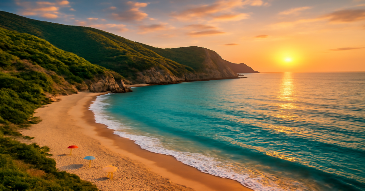 Stunning view of пляжи Крыма with turquoise waters and golden sands at sunset, perfect for relaxation.