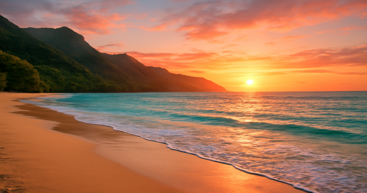 Inspiring scene for подготовка к поездке, featuring a serene beach and mountains at sunset.
