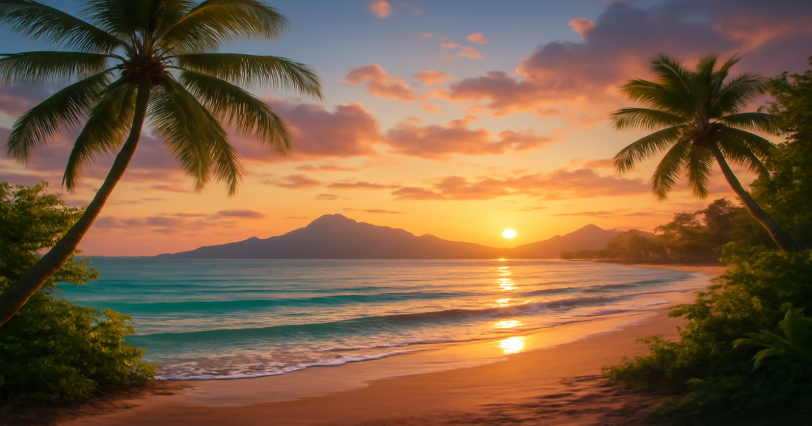 Inspiring travel landscape illustrating подготовка к поездке with a beautiful beach and mountains.
