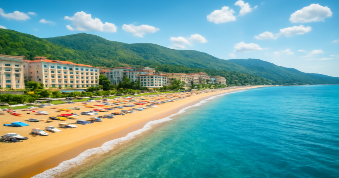 Stunning view of курорты Черного моря with beaches, mountains, and inviting hotels for a perfect getaway.