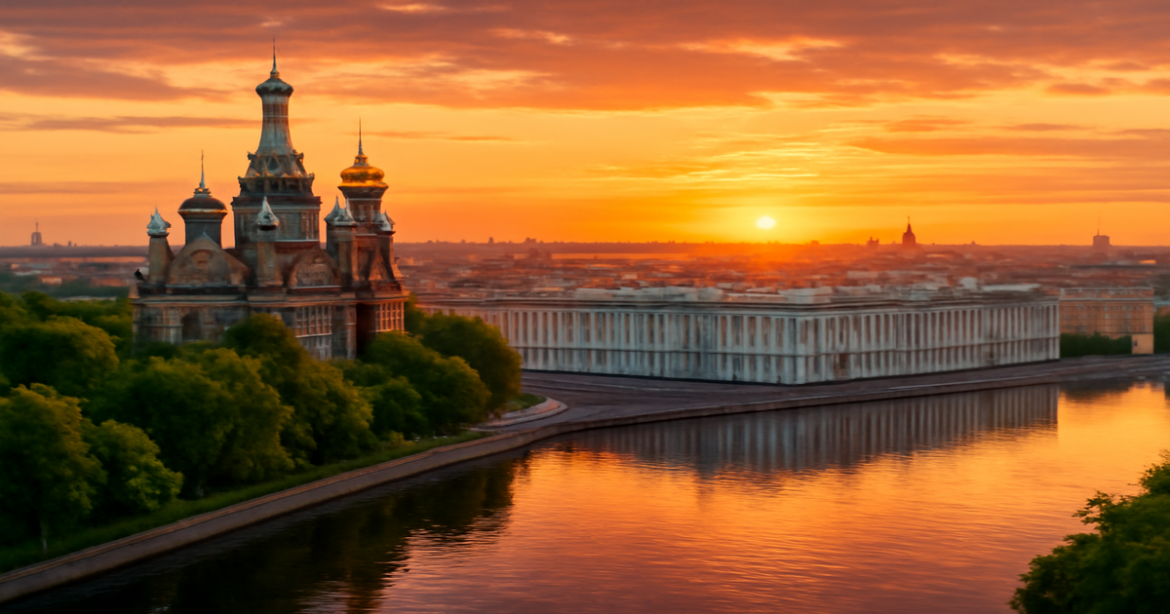 Explore the beauty of Санкт-Петербург with its stunning architecture and vibrant sunset views.