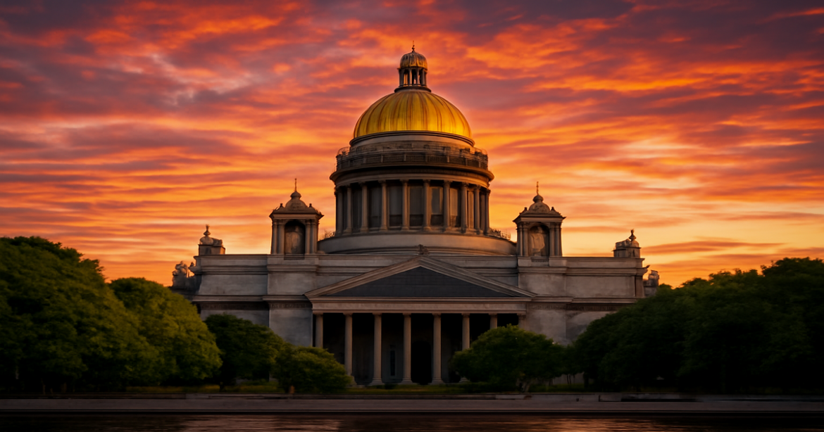Explore the beauty of Санкт-Петербург with a view of Saint Isaac's Cathedral against a vibrant sunset.