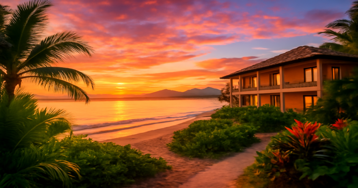 Stunning beach sunset showcasing organization tourist trip to idyllic destinations.