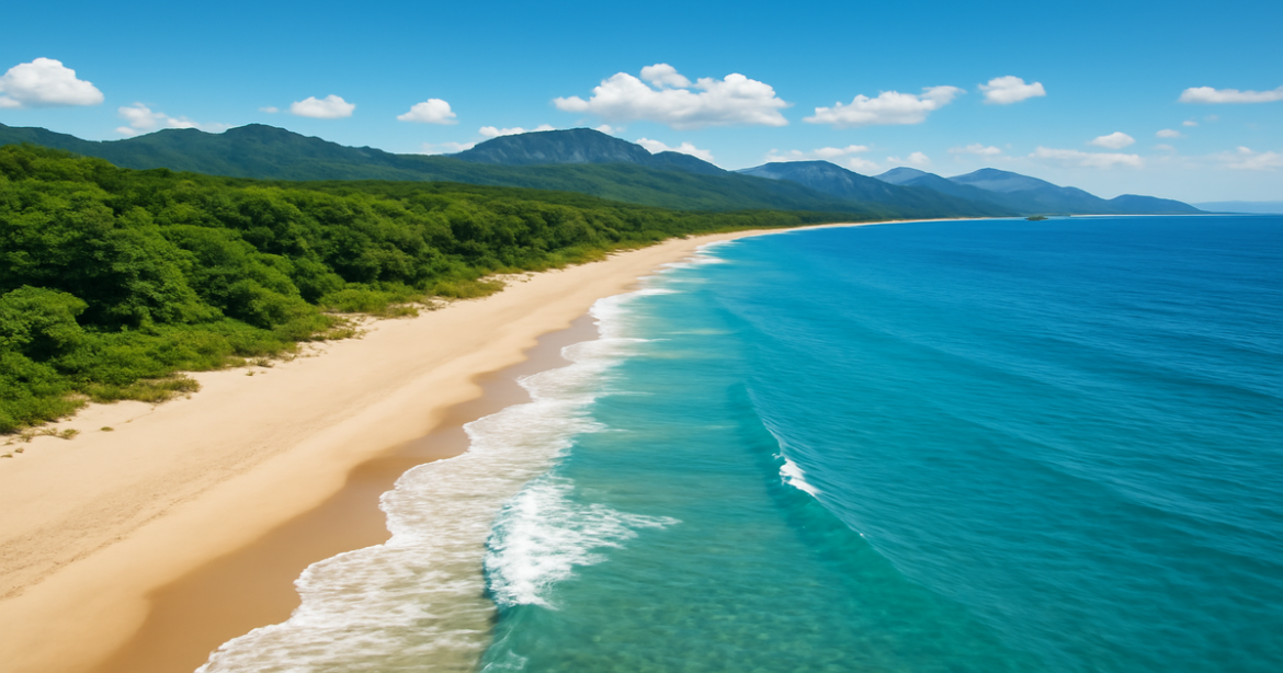 Explore лучшие пляжи России in this breathtaking aerial view of pristine sandy shores and clear waters.