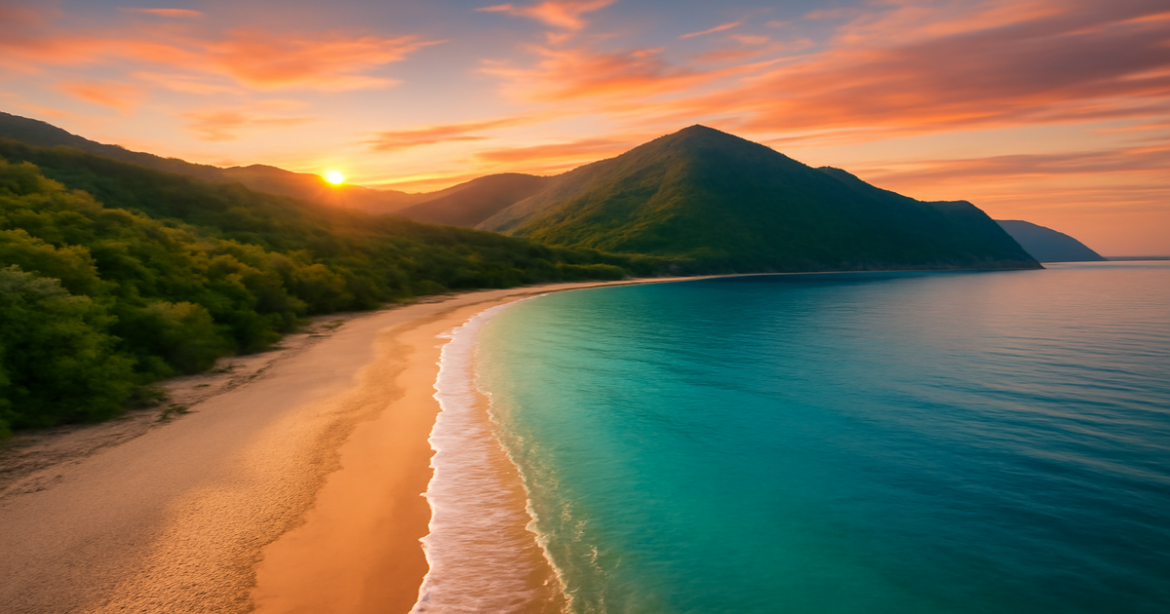 Explore the beauty of пляжи России with this stunning aerial view of a secluded beach.