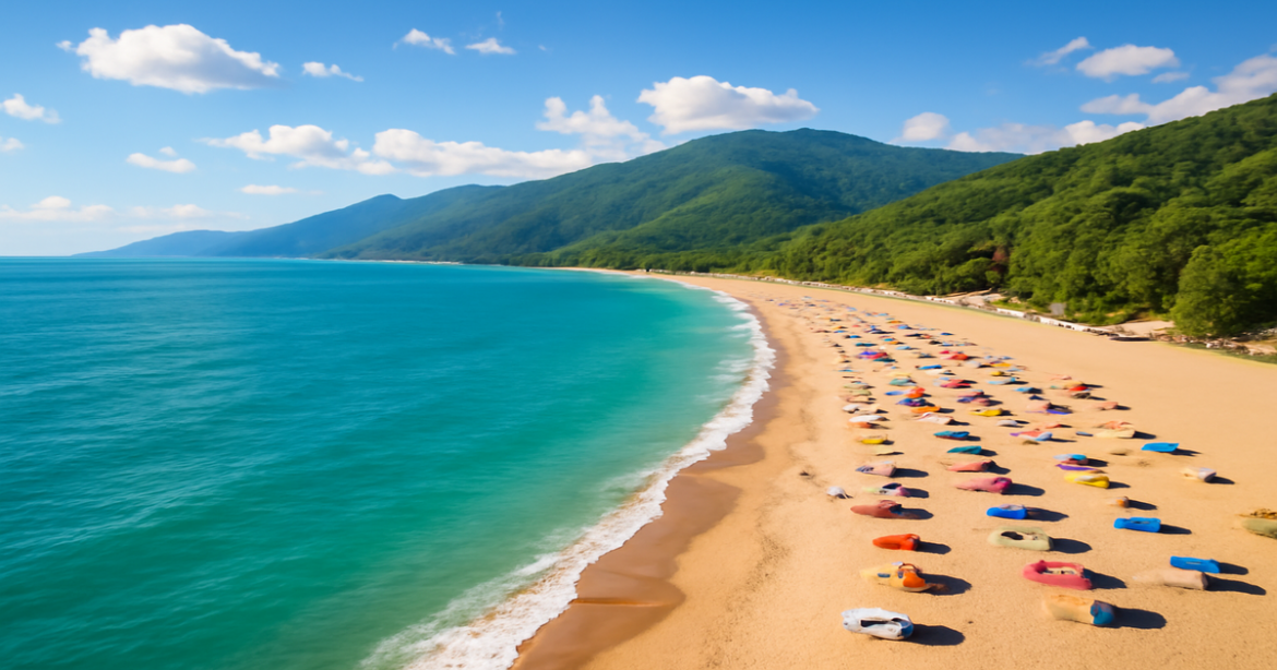 Beautiful view of пляжи Сочи with mountains and clear waters, perfect for a relaxing getaway.