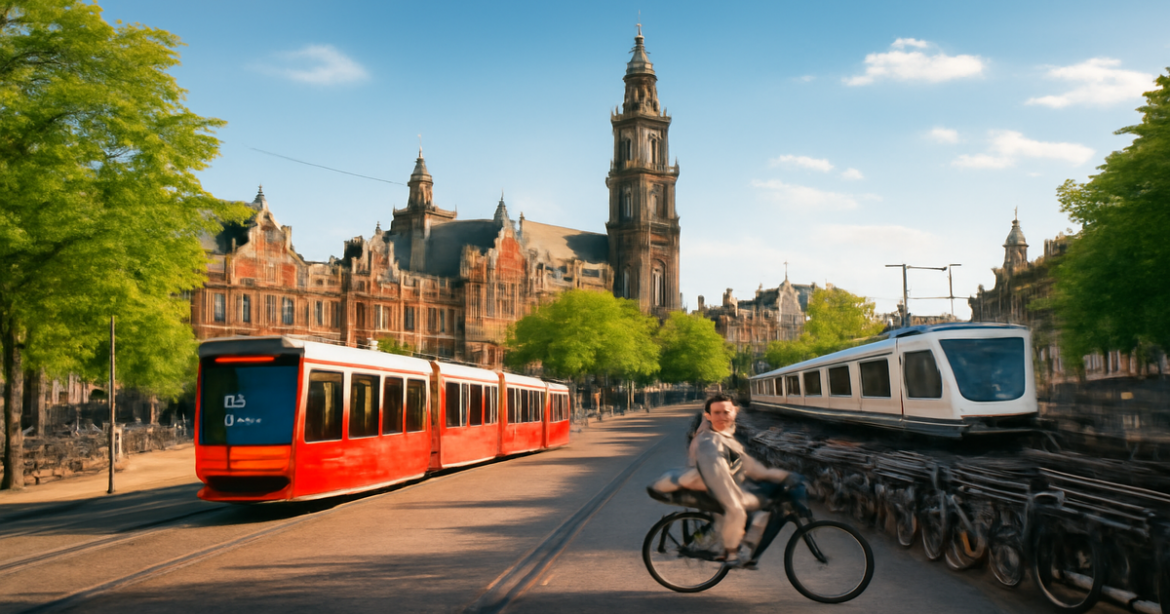 A scenic view showcasing transport in Europe, featuring trams and bicycles amidst historic architecture.