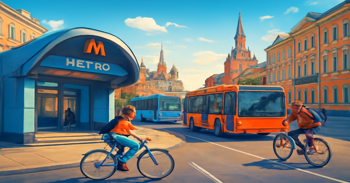 Explore транспорт в Москве with a vibrant street scene featuring different transport modes.