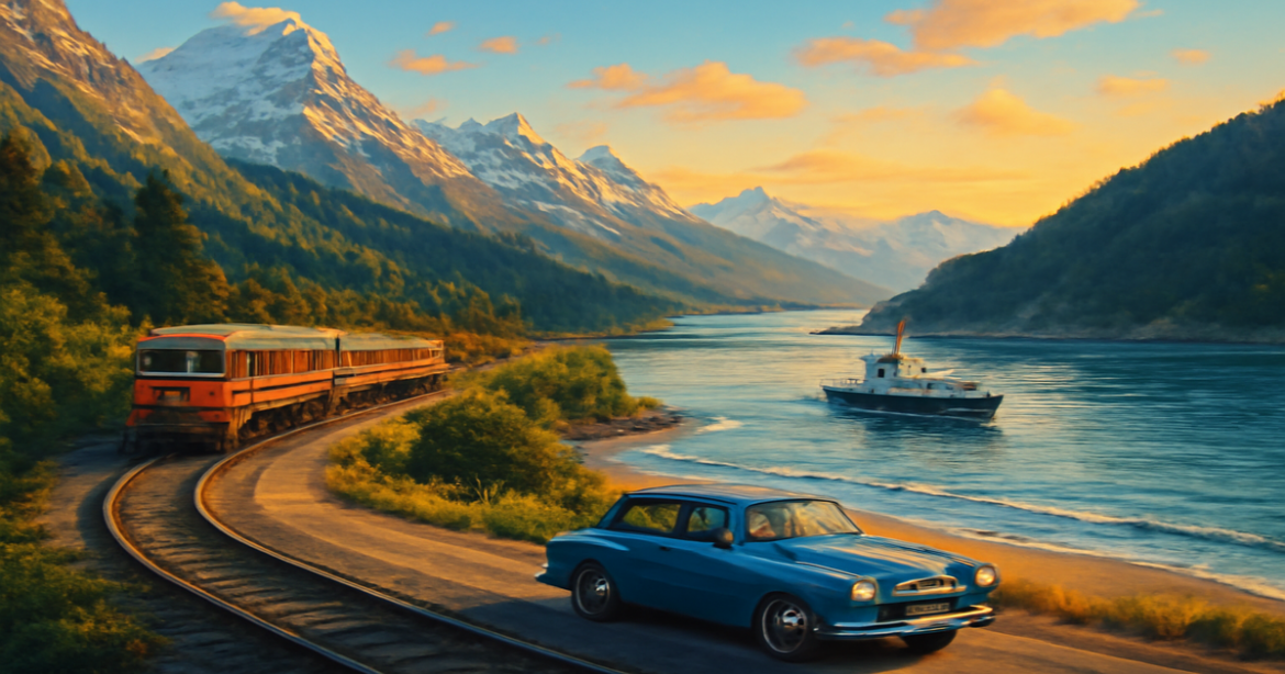 Explore diverse transportation in Russia with this stunning landscape featuring mountains and coastal roads.