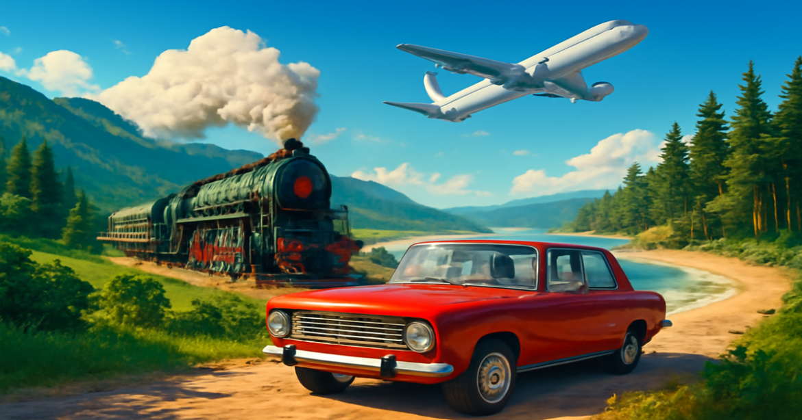 Explore transport in Russia: trains, planes, and cars against stunning natural landscapes.
