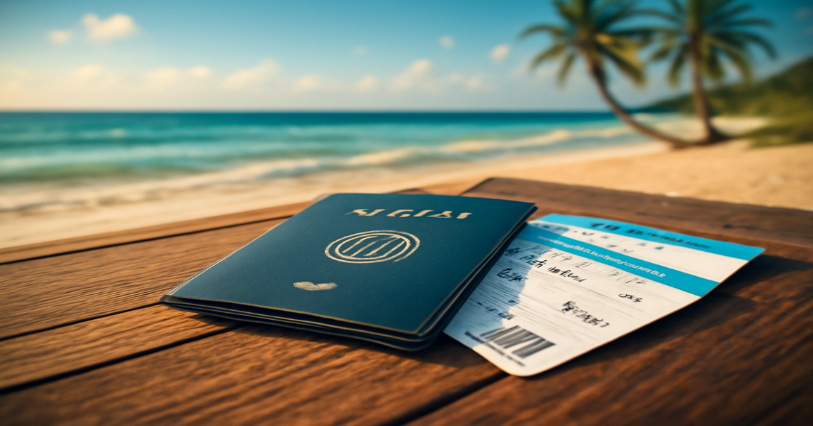 Documents for travel: passports and tickets on a beach table, inspiring travel scene.