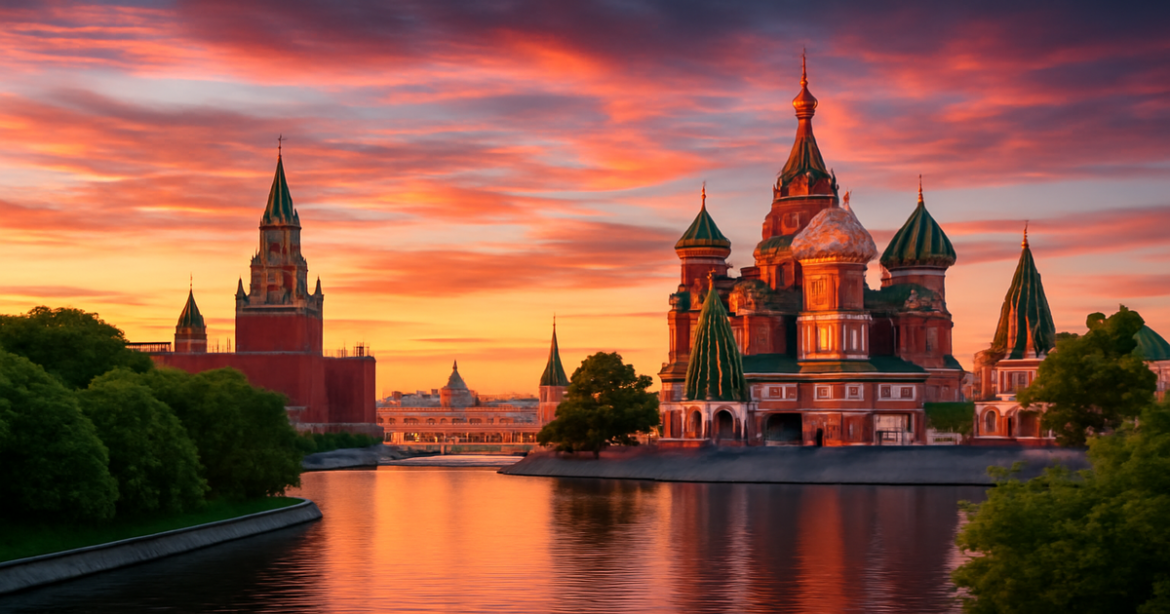Explore the stunning достопримечательности Москвы with this vibrant sunset view of iconic landmarks.