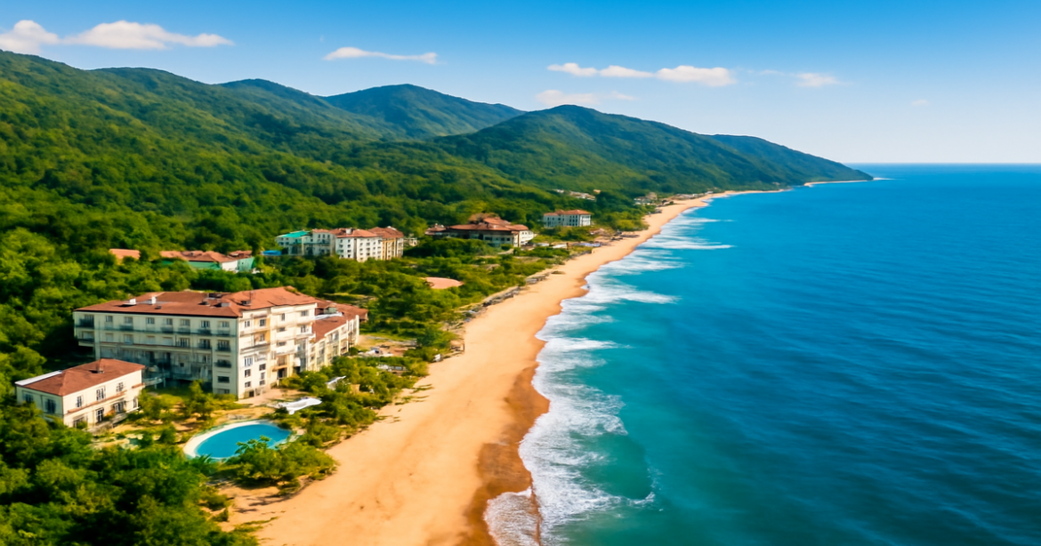 Aerial view of курорты Черного моря featuring beaches, mountains, and beautiful hotels.