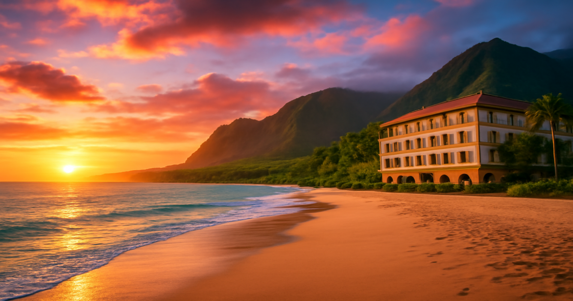 Stunning beach and mountain landscape showcasing лучшие места для отпуска in 2024.