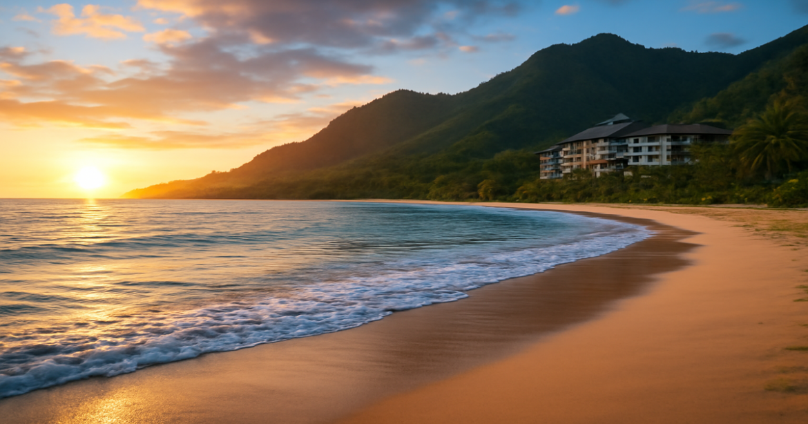 Beautiful beach sunset scene highlighting визы для путешествий and travel destinations.