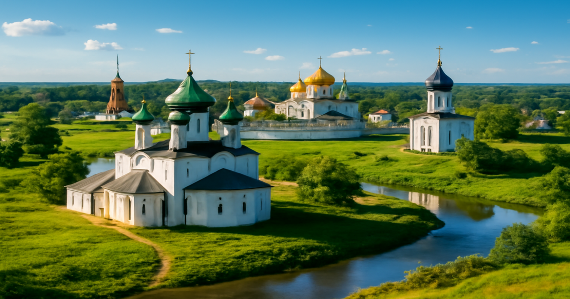 Explore the stunning landscapes of the Золотое кольцо, featuring ancient architecture and natural beauty.