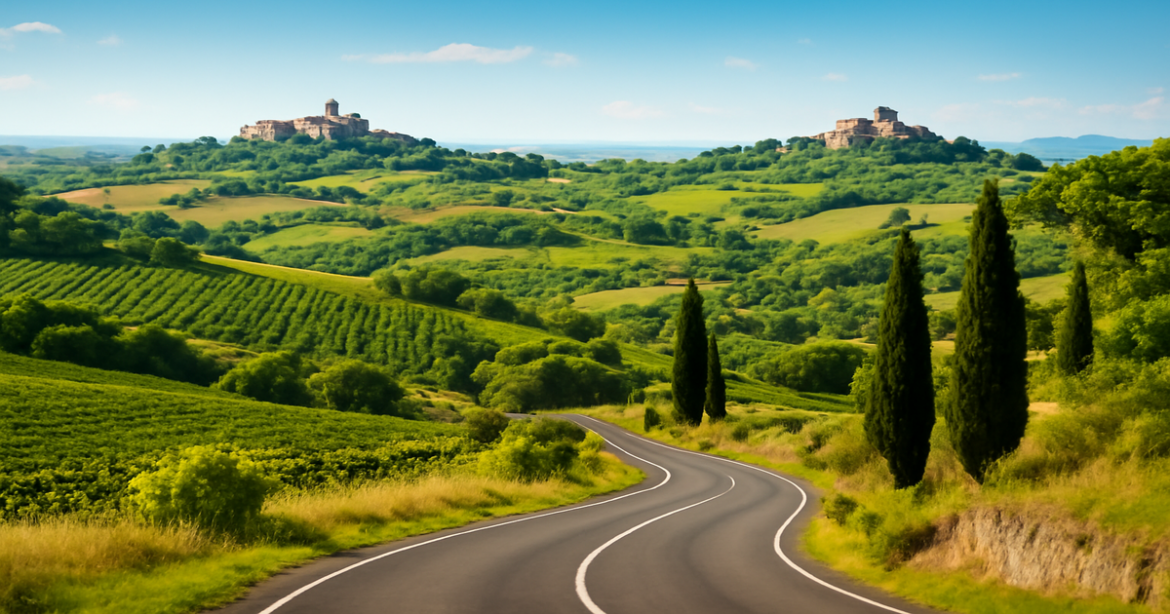 Stunning landscape of a маршрут по Италии showcasing picturesque hills and historic attractions.