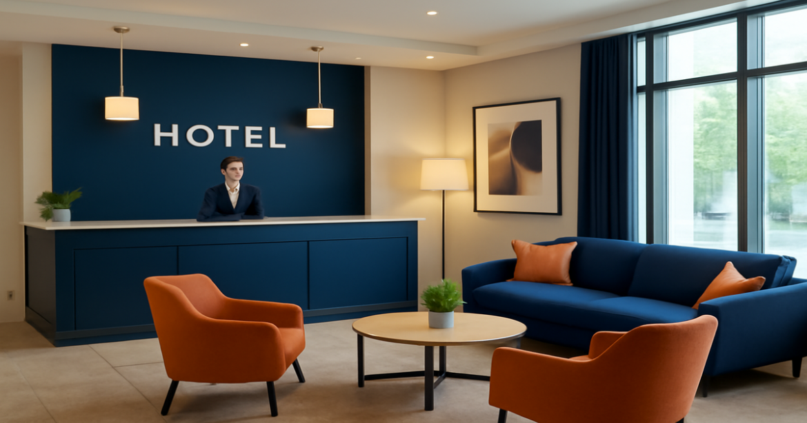 A modern hotel lobby ideal for деловой поездки, featuring elegant design and a welcoming atmosphere.
