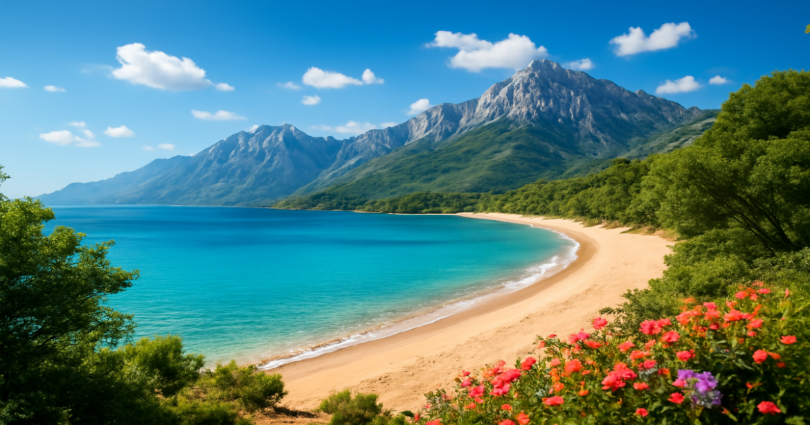 Scenic view of a beach and mountains in Europe, highlighting the essence of travel and adventure for виза в Европу.