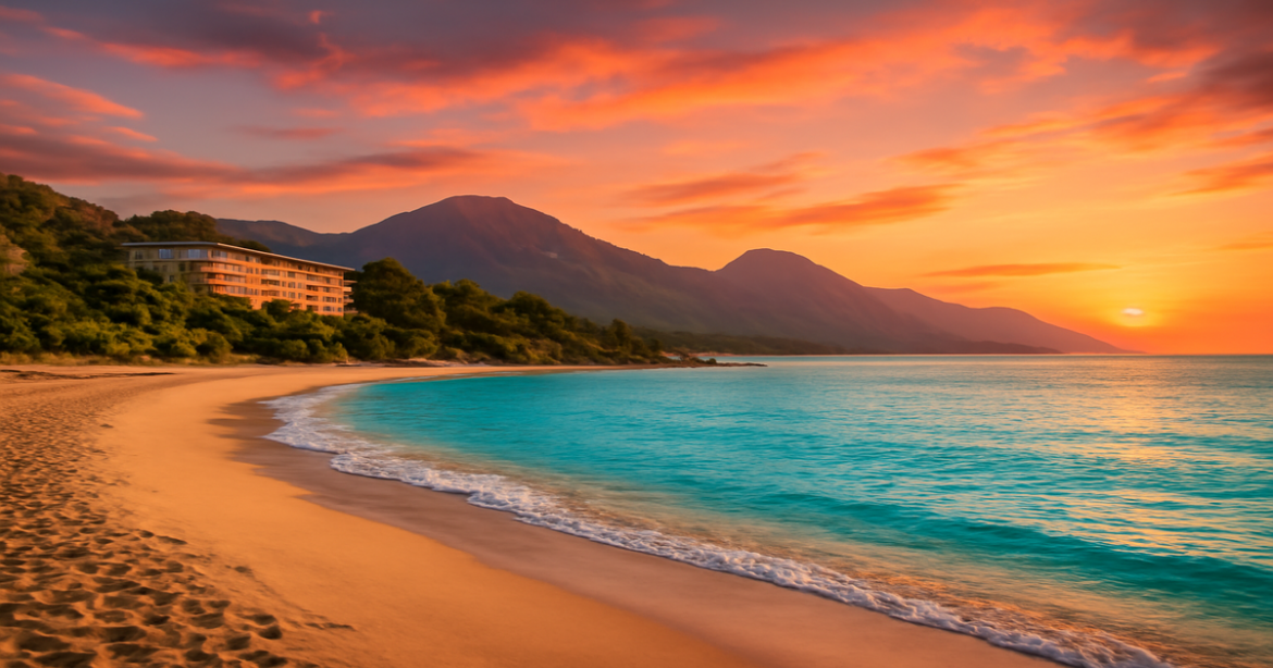 Stunning Turkish beach sunset scene, perfect for exploring виза в Турцию.