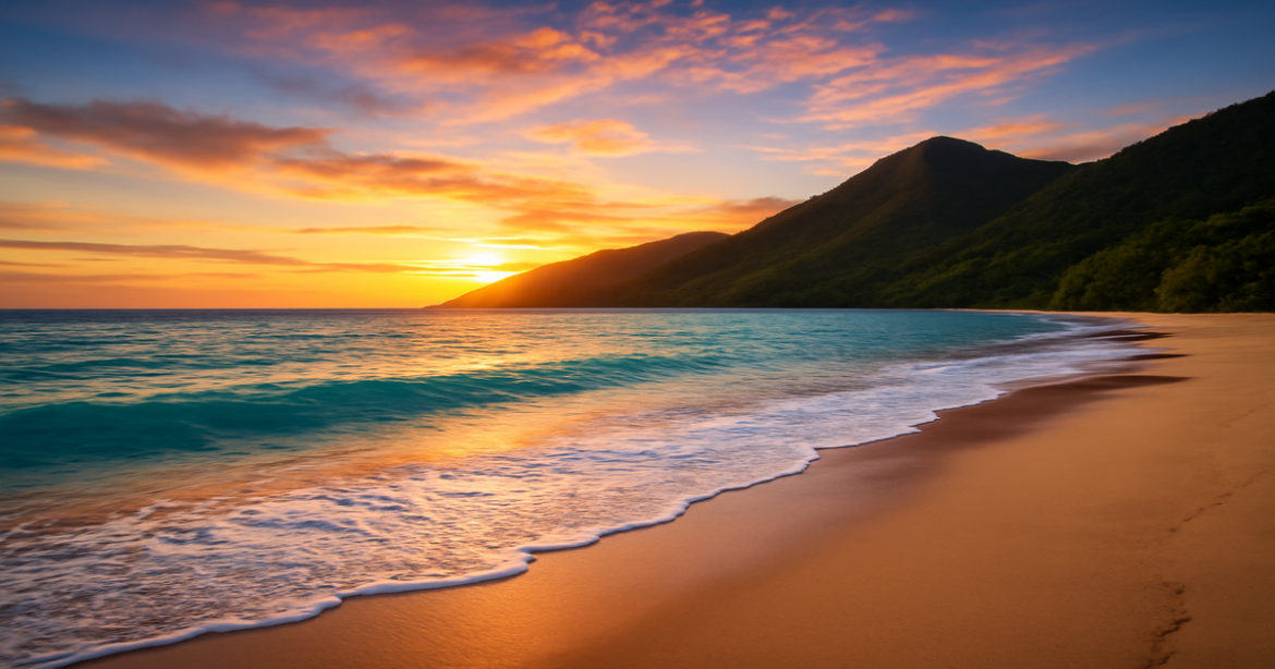 A beautiful beach sunset illustrating a бюджетный отпуск, perfect for budget travel inspiration.