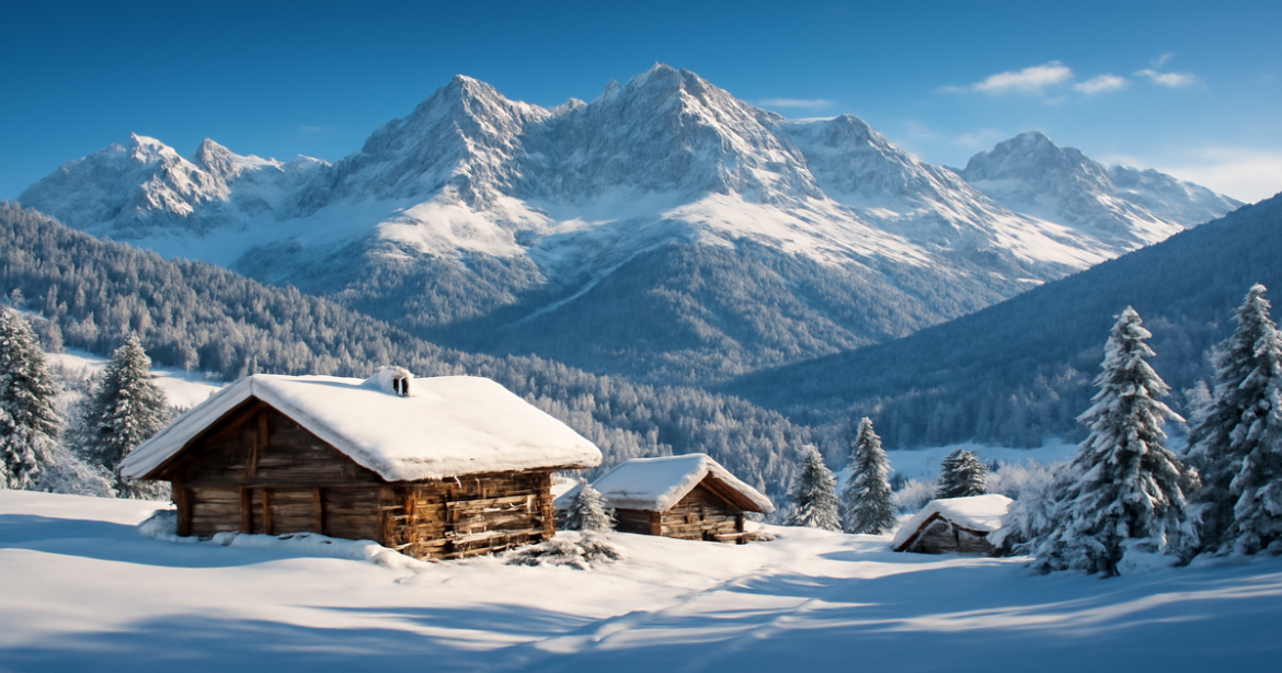 Stunning winter landscape ideal for зимний отдых with snow-covered mountains and cozy chalets.