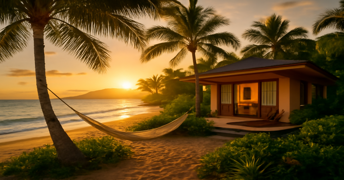 Stunning beach villa perfect for выбор жилья для отдыха with sunset, palms, and serene waters.