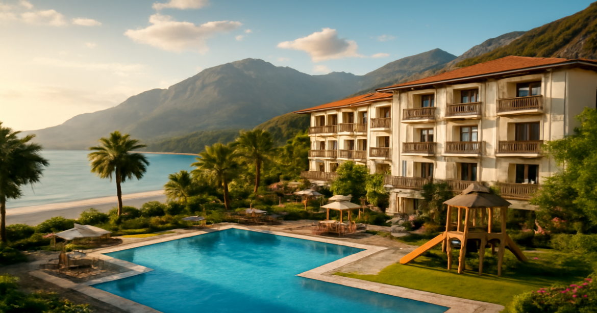 A family-friendly hotel ideal for families, showcasing nature and adventure in a serene landscape.